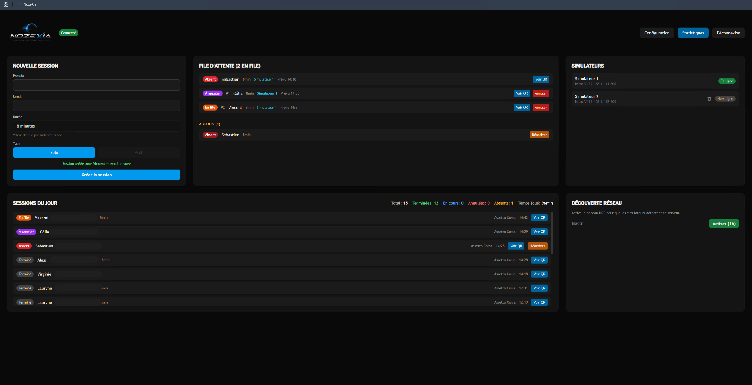 Interface de la plateforme NOZEXIA affichant la gestion des sessions et des classements